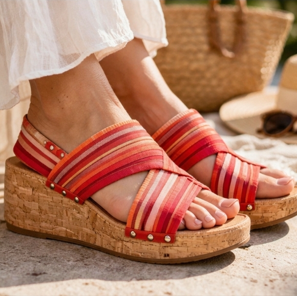 Lucky Brand Shoes - Lucky Brand Cork Wedge Sandals Strappy Boho Slides Size 7.5 8 Multicolor Orange